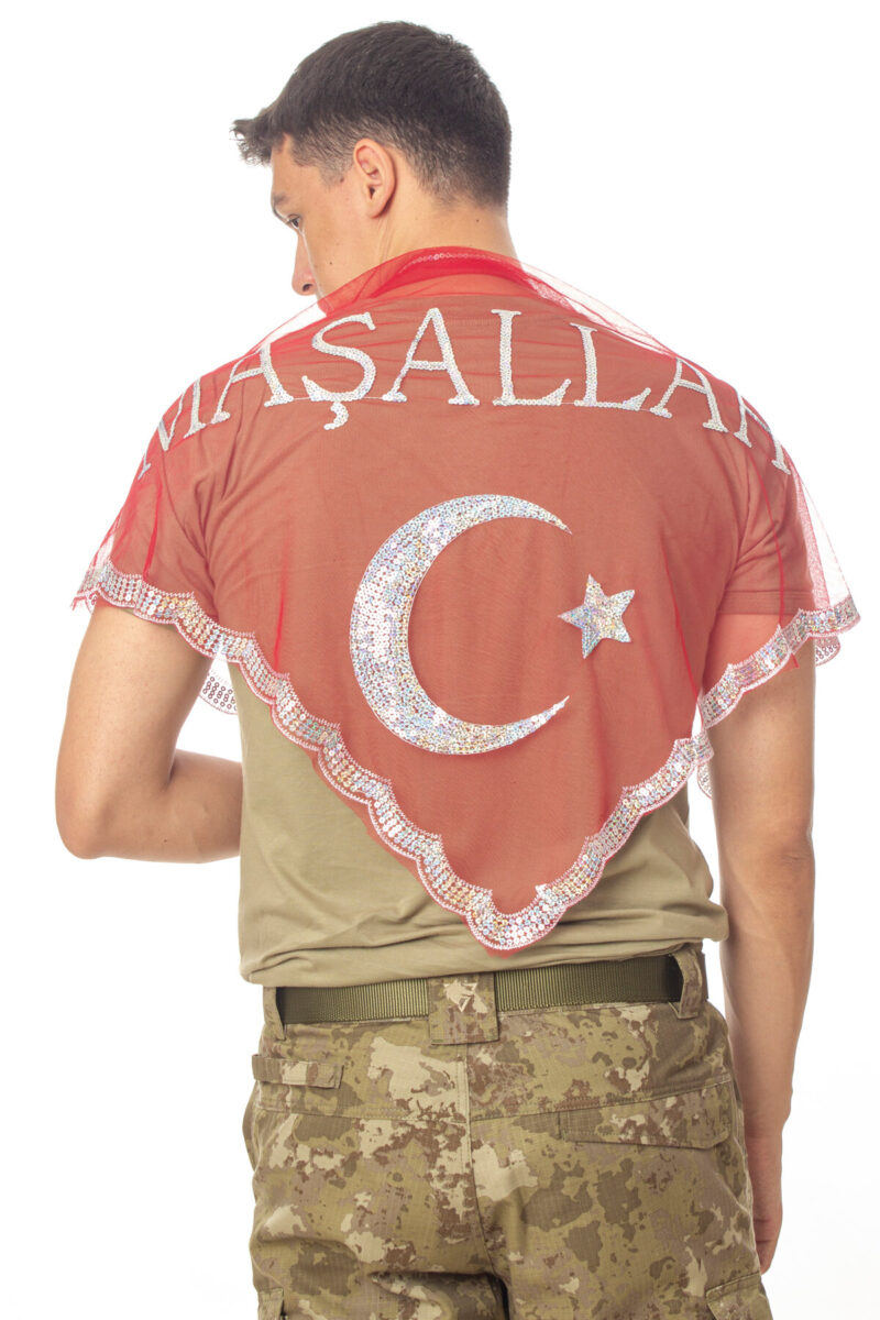 Kırmızı Beyaz Ayyıldız Maşallah Yazılı Pul işlemeli Asker Uğurlama Şalı